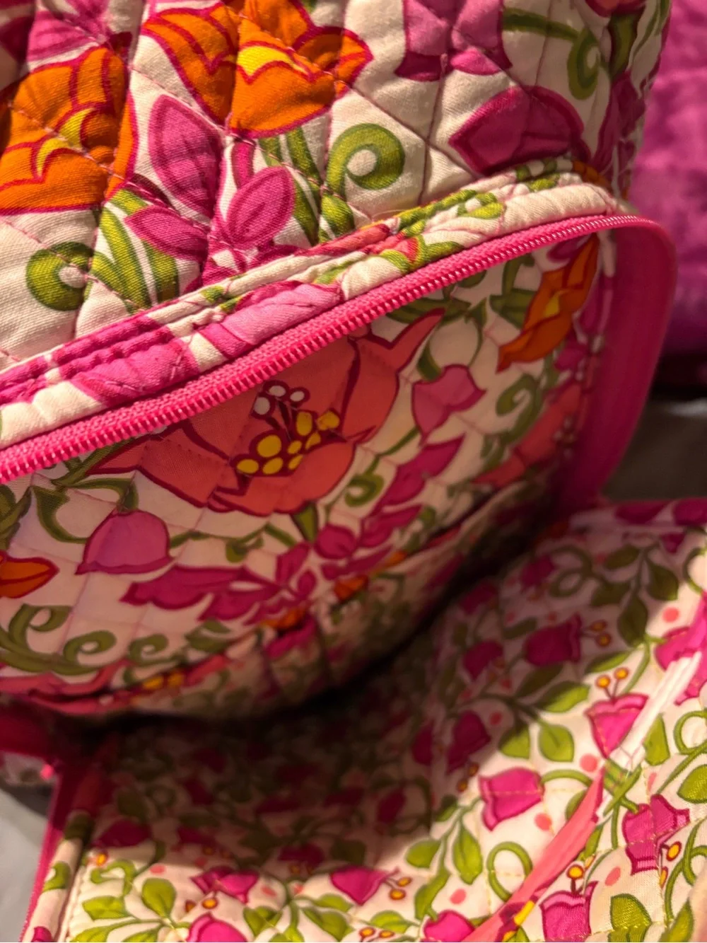 Vera Bradley Pink Quilted Floral Backpack with Orange & Green Accents